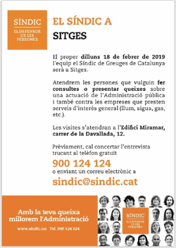 El síndic de Greuges visitarà Sitges el 18 de febrer