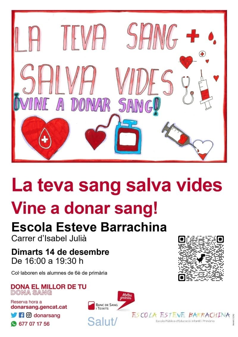 Campanya de donació de sang a l’Escola Esteve Barrachina el proper 14 de desembre