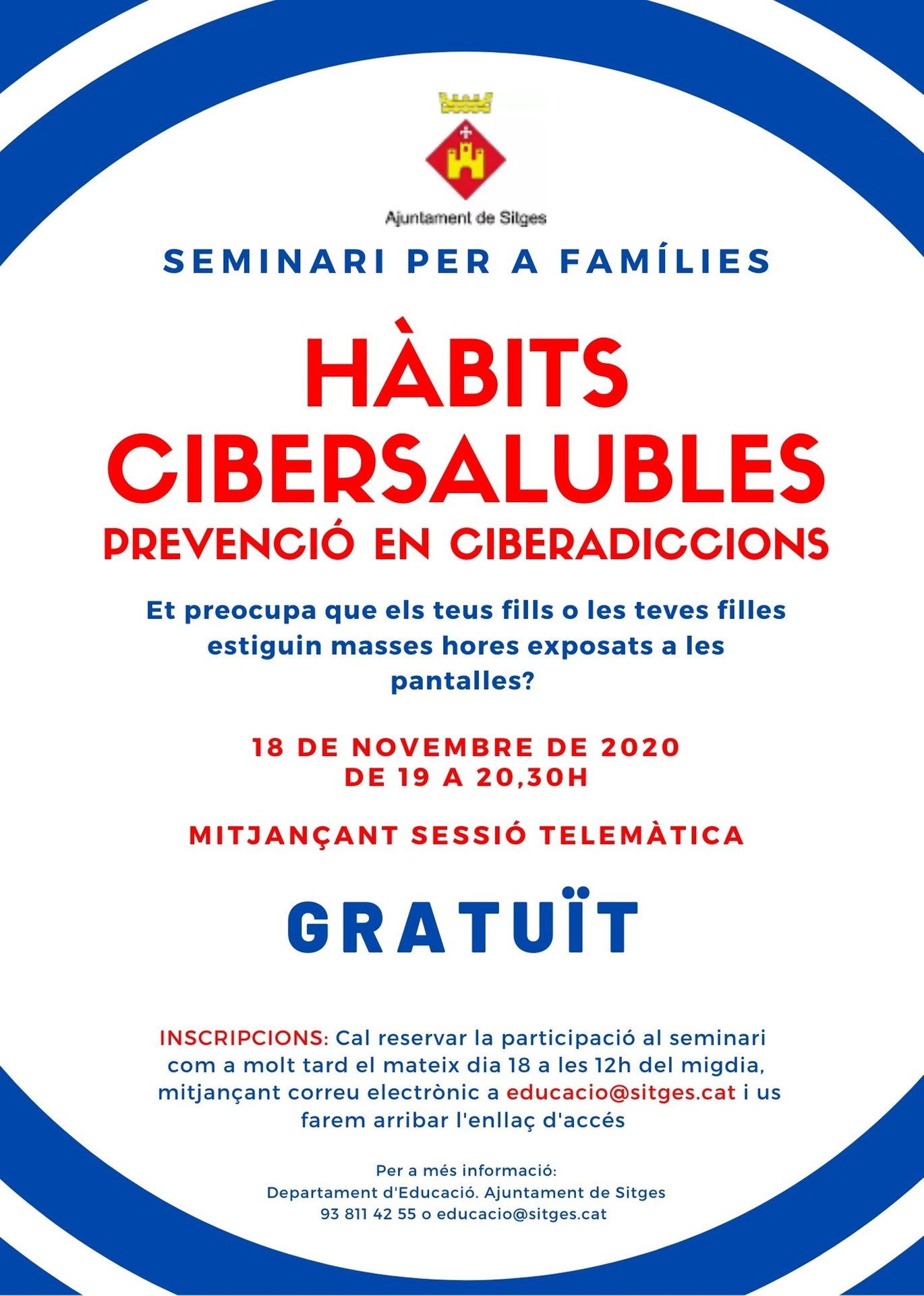La regidoria d’Educació organitza aquest dimecres un  seminari per a famílies sobre hàbits cibersaludables de prevenció en ciberaddiccions