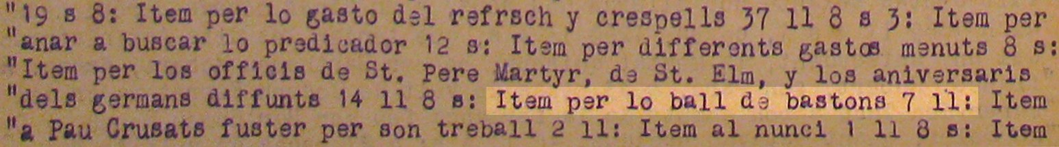 Anotació sobre el Ball de Bastons en la còpia íntegra, realitzada per Mn. Pau Farret, de les despeses de 1727-1728 de la Confraria de Sant Elm – Arxiu Històric de Barcelona.