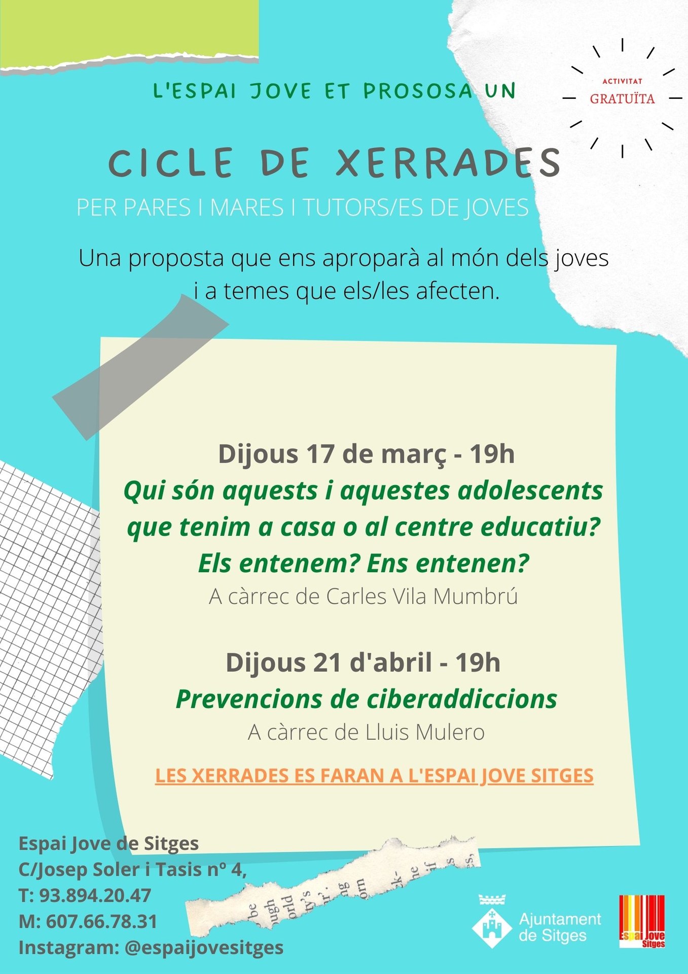 La regidoria de Joventut programa un cicle de xerrades gratuïtes per a pares, mares i tutors de joves a partir de 13 anys