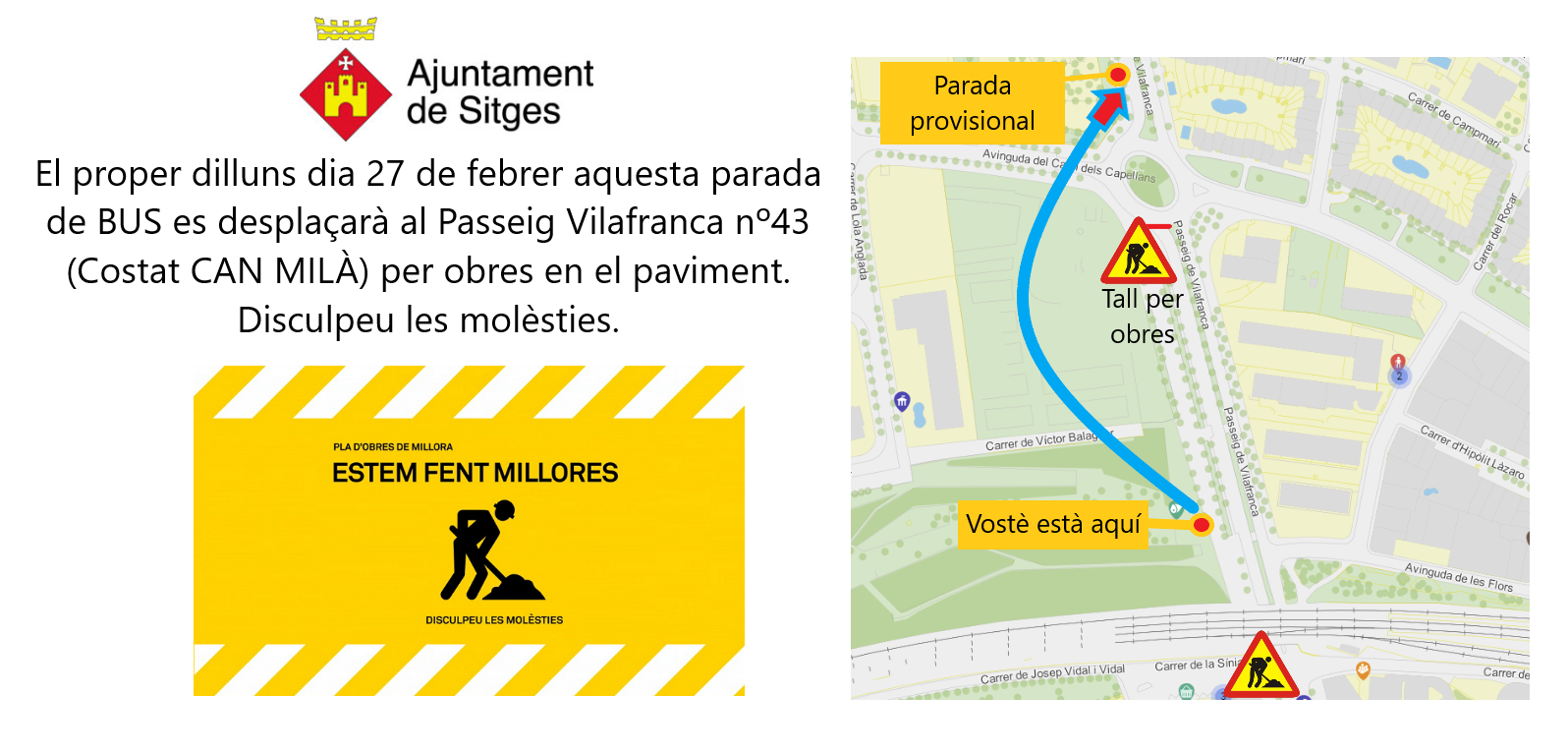 Unes obres de manteniment obliguen a reordenar el trànsit dilluns i dimarts al Passeig de Vilafranca i Artur Carbonell