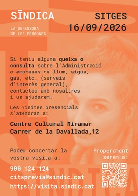 Cartell de la visita de la Síndica de Greuges a Sitges el dia 16 de setembre de 2026